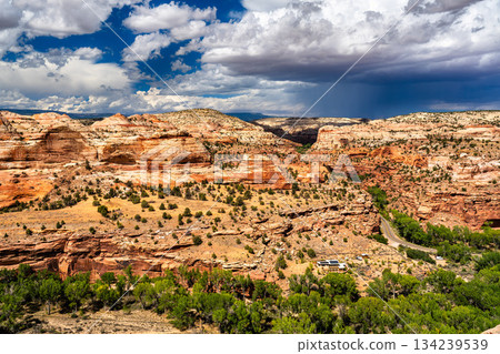 Escalante River winds through canyon at Boynton Overlook in Grand Staircase-Escalante, Utah. Green vegetation contrasts with white Navajo Sandstone cliffs 134239539