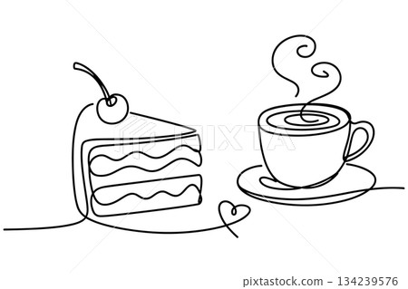 Cake Coffee One Line Vector. Minimal Dessert Drink Line Art Vector 134239576