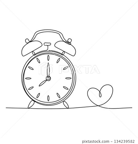 Alarm Clock Heart One Line Vector. Minimal Time Love Line Art Vector 134239582
