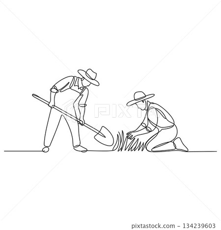Farmers Planting Together. One Line Art Vector 134239603