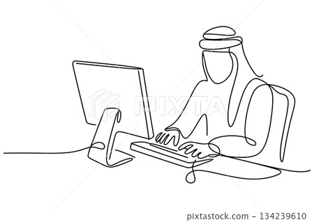 Arab Man Working on Computer  Vector. Minimal One Line 134239610