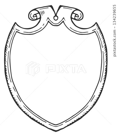 A shield with a curved design and a letter M on it 134239655