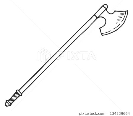 A black and white drawing of a long wooden pole with a curved blade at the end 134239664