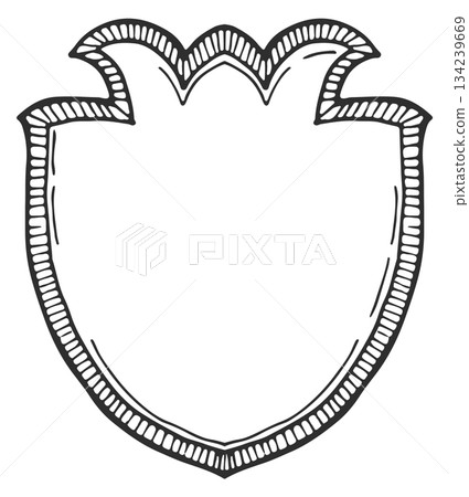 A black and white drawing of a shield with a flowery design 134239669