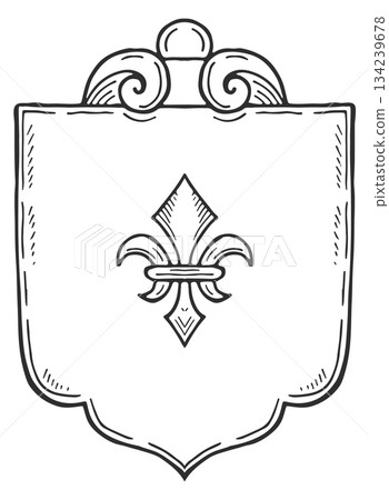 A black and white drawing of a shield with a fleur de lis on it 134239678