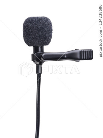 Lavalier microphone with a clothespin close-up on a white. Isolated 134239696