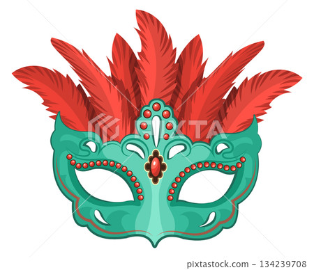 A green mask with red feathers and jewels 134239708