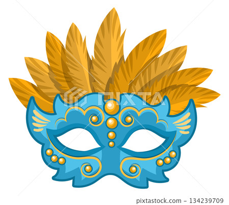 A blue mask with gold feathers on it 134239709