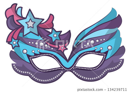 A blue and purple mask with stars and beads 134239711