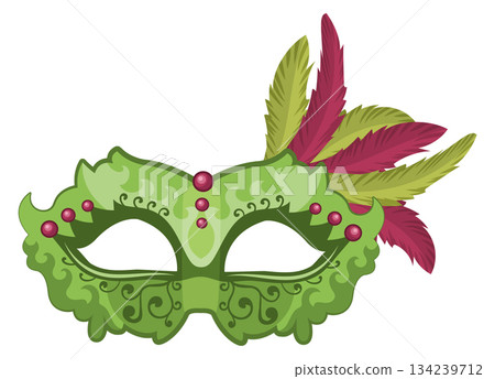 A green mask with feathers and beads on it A green mask with feathers and beads on it 134239712