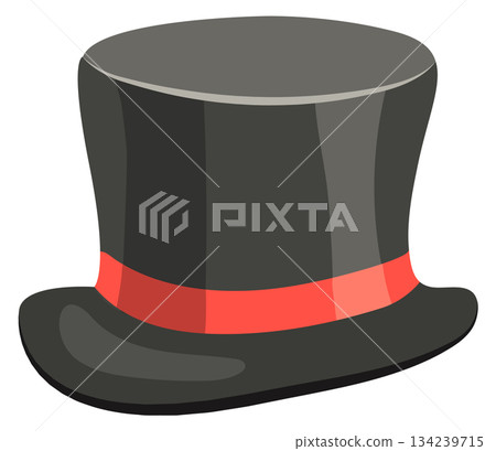 A black top hat with a red ribbon A black top hat with a red ribbon 134239715
