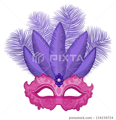 A purple mask with feathers on it A purple mask with feathers on it 134239724