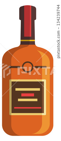 A bottle of liquor with a red label and a red cap 134239744