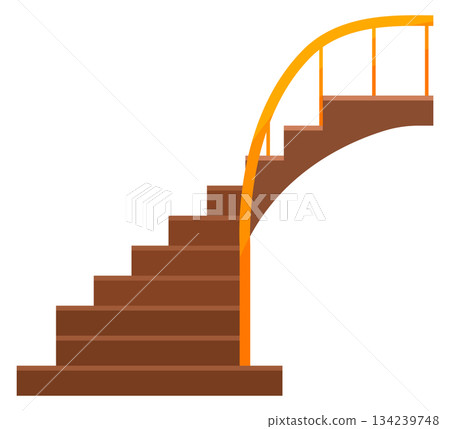 A wooden staircase with a yellow railing 134239748