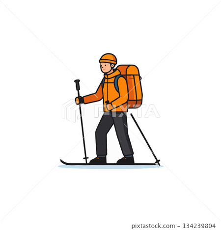 Ski touring adventure: A lone skier traversing the crisp winter landscape carrying a heavy backpack Ski touring adventure: A lone skier traversing the crisp winter landscape carrying a heavy backpack 134239804