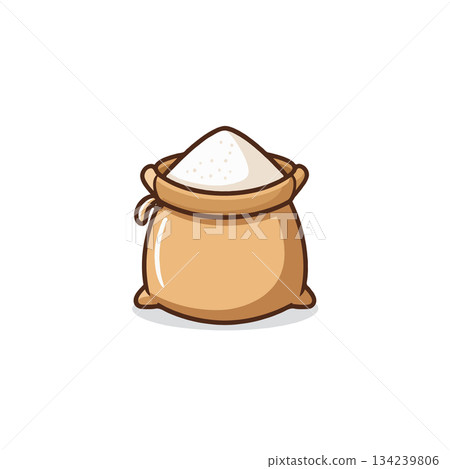 Rustic charm a whimsical depiction of a sack bursting with white powder illustrating culinary 134239806