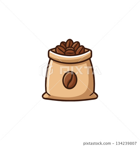 Illustrated coffee bean sack spilling its contents, a delightful coffee-themed visual with a Illustrated coffee bean sack spilling its contents, a delightful coffee-themed visual with a 134239807