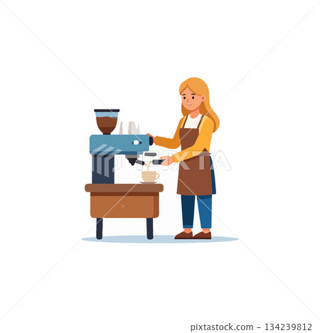 A barista making an espresso shot with a professional machine for happy customers in a cozy cafe 134239812