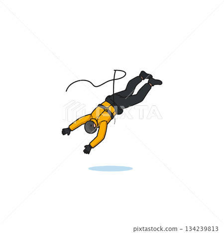 Cartoon skydiver preparing for an extreme aerial maneuver while tethered with safety line 134239813