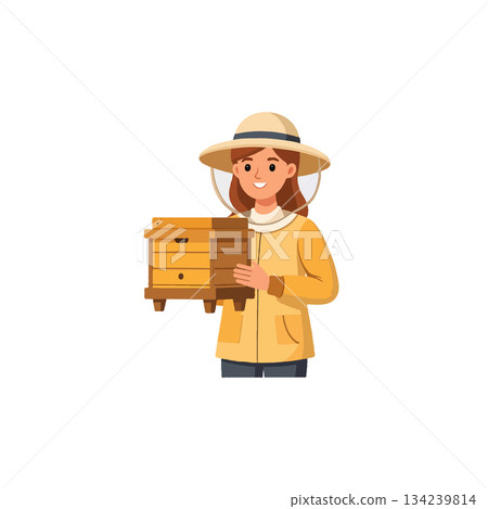 Beekeeper gently holding a small beehive boxes with care in a secure outfit for honey harvesting 134239814
