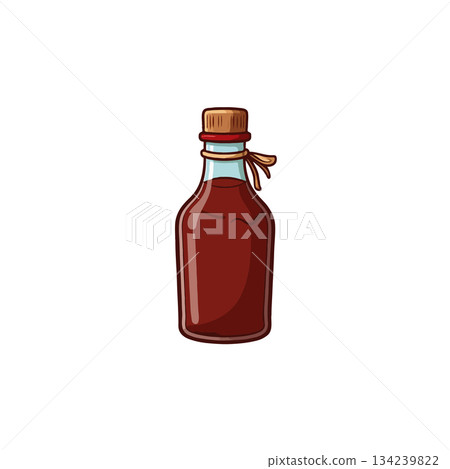 A quaint drawing of a glass bottle filled with a brown fluid tied with a delicate ribbon adorning 134239822