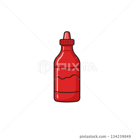 Illustration of a red condiment bottle with a wavy label line evoking sweet and savory flavors Illustration of a red condiment bottle with a wavy label line evoking sweet and savory flavors 134239849