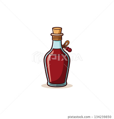 Mystical red potion in an antique bottle evokes secrets and ancient magic tales for story 134239850