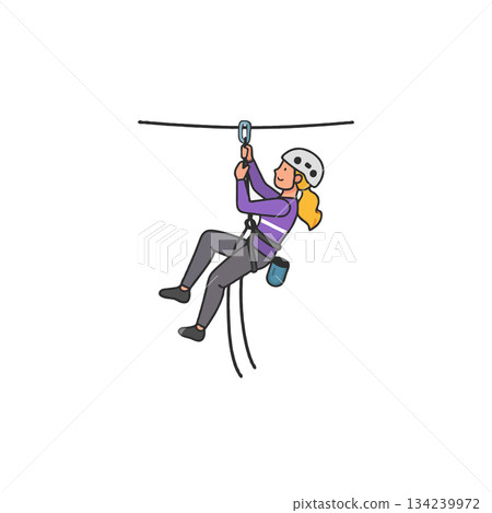 Adventurous spirit soaring high on a zipline, showcasing an exhilarating experience surrounded by 134239972