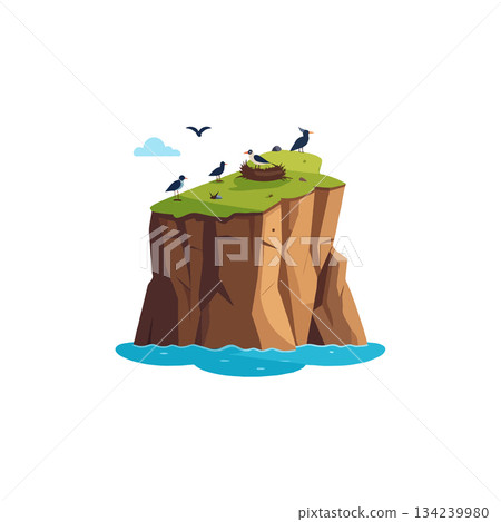 Secluded island with birds nesting atop, a tranquil escape illustration amidst calm waters and 134239980