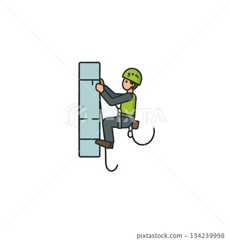Illustration of a climber ascending a blue stylized wall with safety gear and rope depiction of 134239998