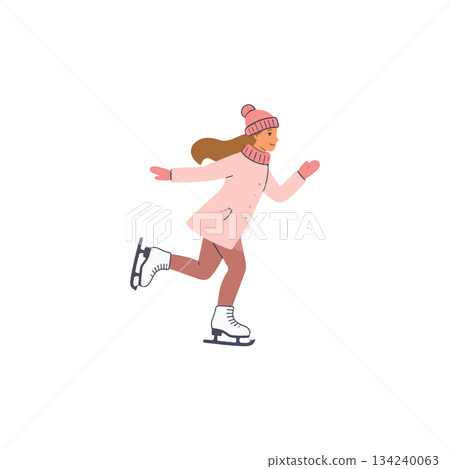 Whimsical winter escapade depicting a girl's joyful ice skating experience on a pristine white 134240063