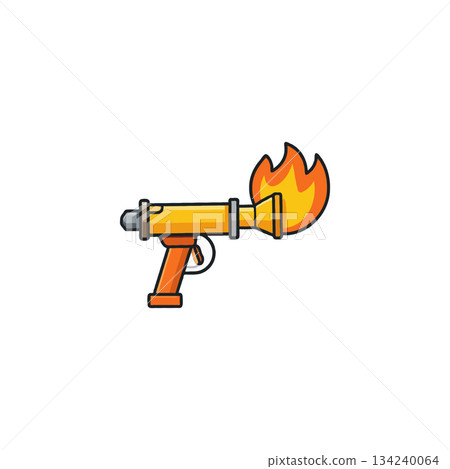 Stylized flaming gun illustration representing powerful weaponry with fiery orange energy shooting Stylized flaming gun illustration representing powerful weaponry with fiery orange energy shooting 134240064