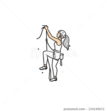 Illustration of a female rock climber ascending a challenging wall, showcasing strength and 134240072
