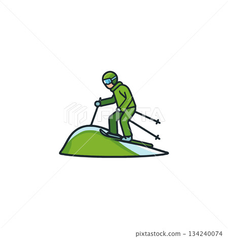 A joyful skier navigating a verdant slope under clear skies illustration for winter adventures and A joyful skier navigating a verdant slope under clear skies illustration for winter adventures and 134240074