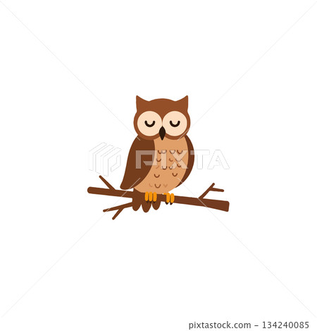 Whimsical woodland owl perched peacefully on a branch amidst serene nature illustration art for 134240085