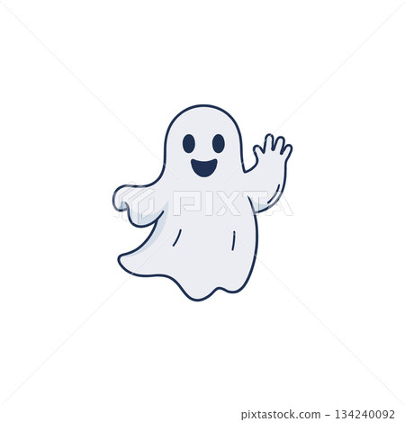 Friendly cartoon ghost character waving its hand cheerfully on a simple white background with dark 134240092