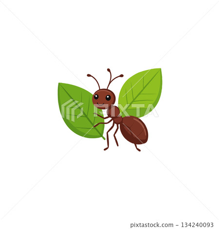 Charming ant character carrying oversized green leaves creating a whimsical nature inspired 134240093