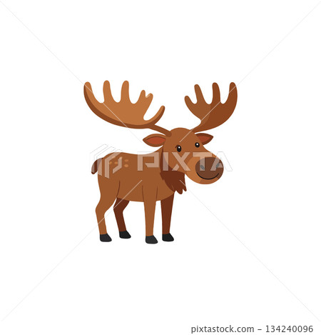 Adorable cartoon moose illustration showcasing its majestic antlers against a clean white Adorable cartoon moose illustration showcasing its majestic antlers against a clean white 134240096