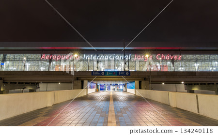 Callao, Peru - September 10, 2025: The illuminated facade and entrance of Jorge Chavez International Airport (LIM) in Lima, Peru, at night 134240118
