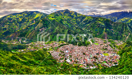 Panoramic aerial view of Banos de Agua Santa in Ecuador. Scenic landscape features town nestled in green Andean valley with Pastaza river below mountains 134240120