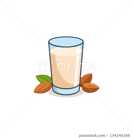 Delightful almond beverage illustration showcasing refreshing drink next to nutritious nuts and Delightful almond beverage illustration showcasing refreshing drink next to nutritious nuts and 134240169