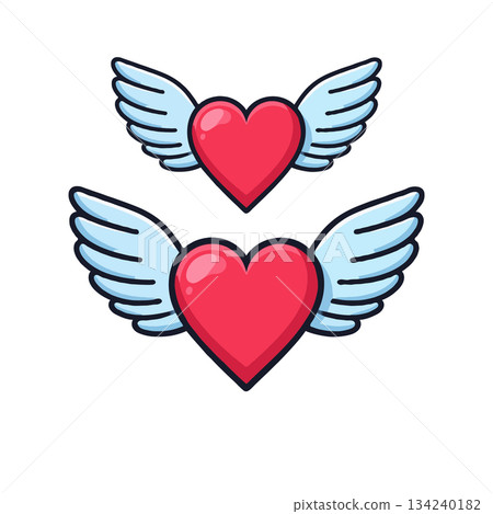 Two winged hearts floating symbolizing love and affection in a cheerful artistic illustration Two winged hearts floating symbolizing love and affection in a cheerful artistic illustration 134240182