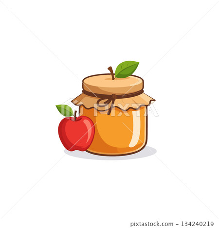 Cartoon illustration displaying a sweet apple alongside a jar of homemade apple jam ready for 134240219