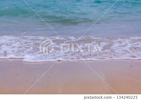 A close-up of the tranquil contrast between the sandy beach and the mint-green sea. 134240225
