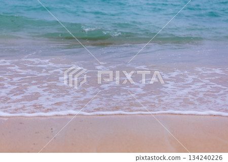 A close-up of the tranquil contrast between the sandy beach and the mint-green sea. 134240226