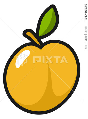 A cartoon drawing of a yellow peach with a green leaf on top A cartoon drawing of a yellow peach with a green leaf on top 134240385
