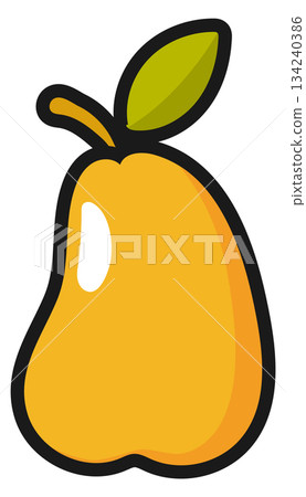 A cartoonish drawing of a yellow pear with a green leaf on top A cartoonish drawing of a yellow pear with a green leaf on top 134240386