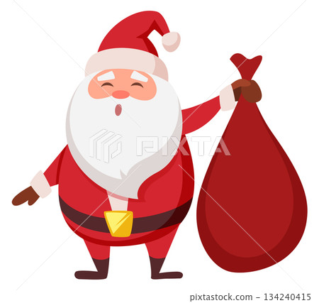 A cartoonish image of Santa Claus holding a red bag 134240415