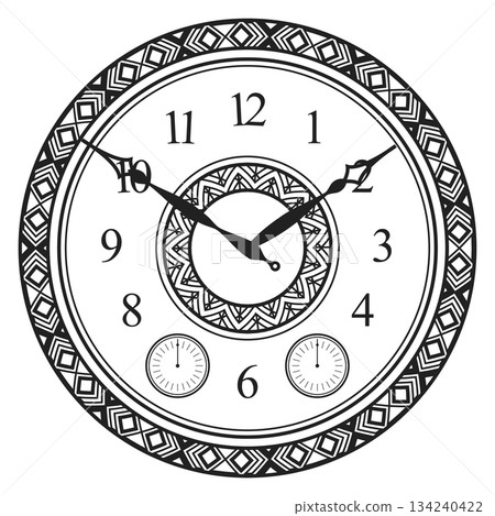 A clock with a black face and white background 134240422