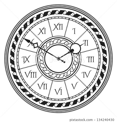 A black and white clock with Roman numerals 134240430